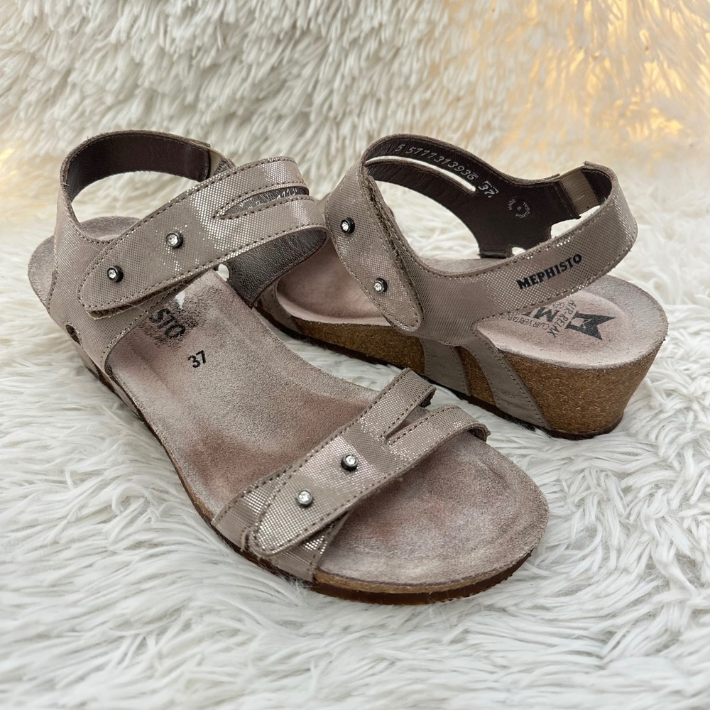 Mephisto Minoa Metallic Gray Slingback Strappy Leather Cork‎ Wedge Sandals sz 7
